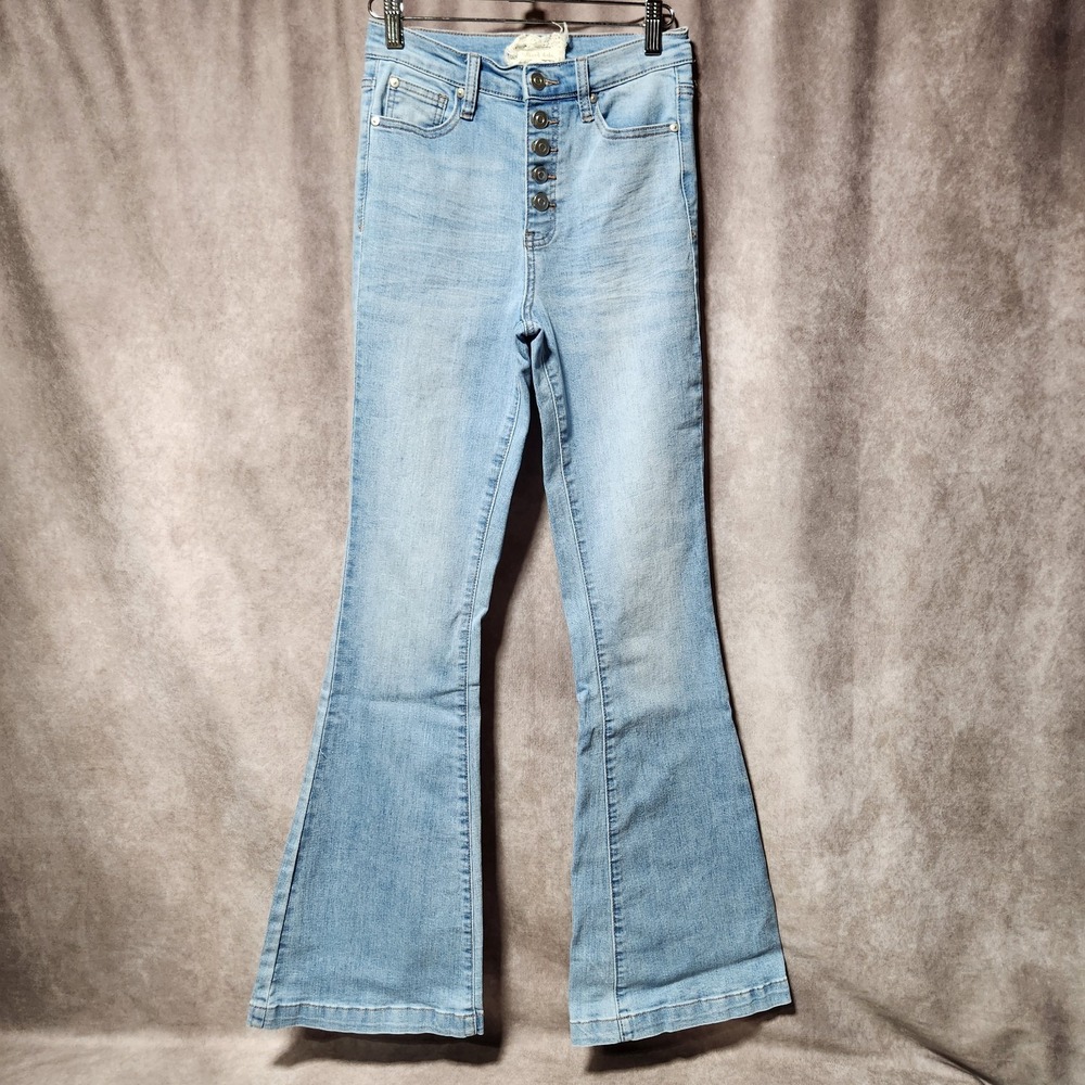 women's ALTAR'D STATE High Waisted Button Fly‎ blue Jeans FLARE heart Size 26/3